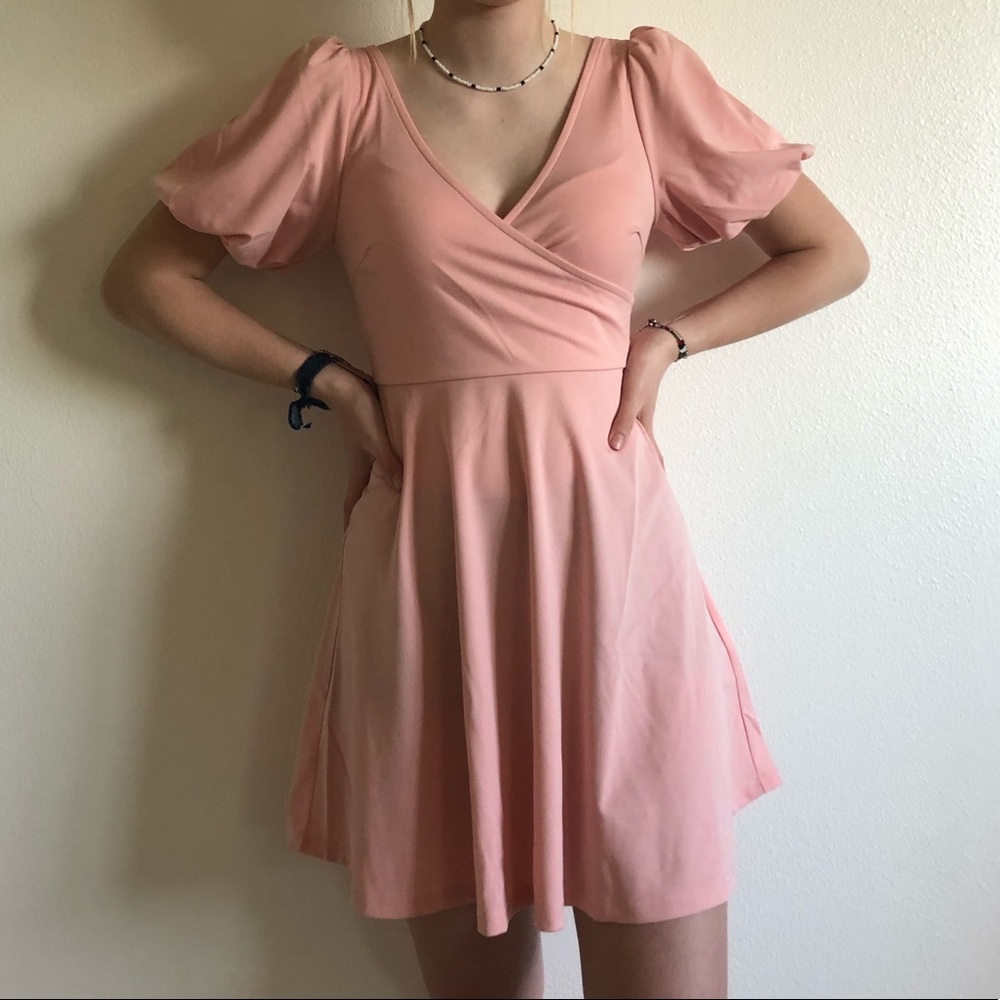 Surplice Neck Puff Sleeve Flare Dress - Small